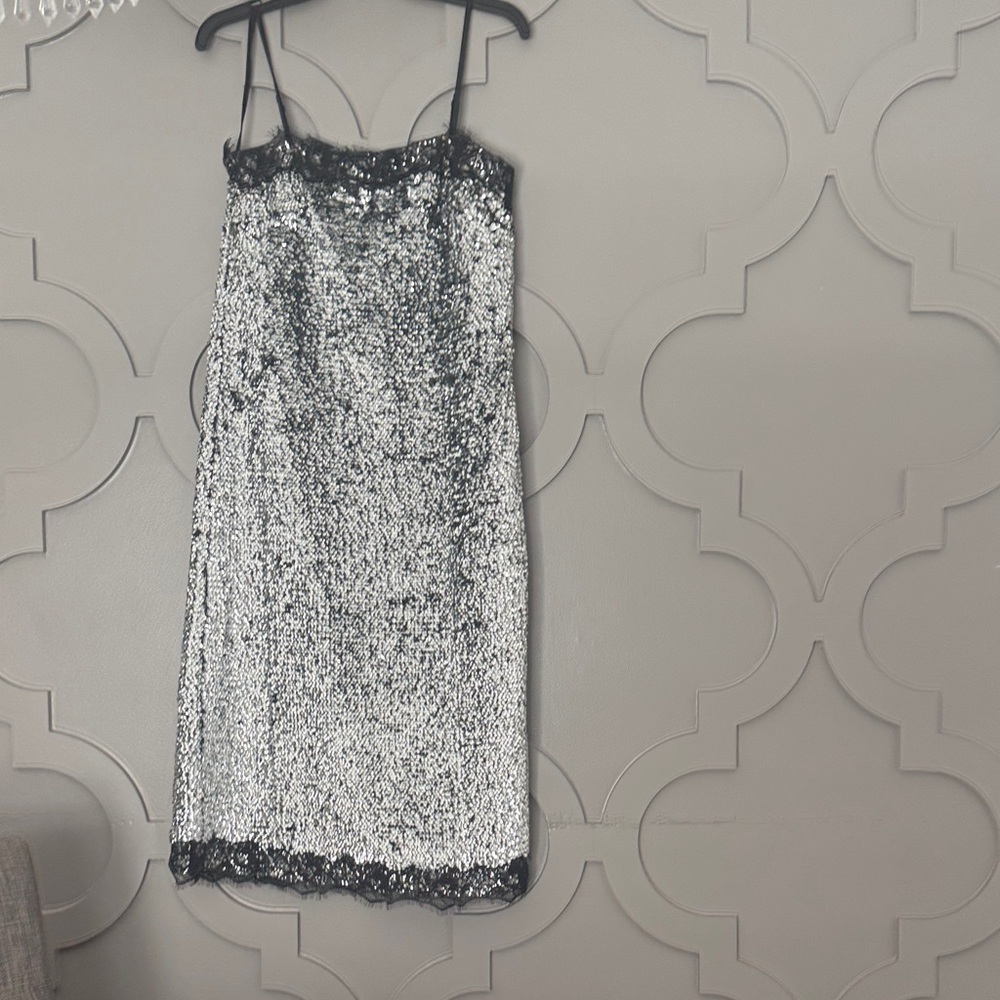 Gianni Bini Silver Sequin Slip Dress with Black Lace Trim